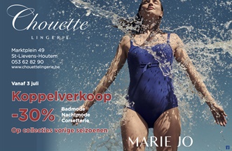 Koppelverkoop vanaf vrijdag 3 juli. Bij aankoop 2 stuks -30% op badmode, nachtmode, corsetterie vorige seizoenen.