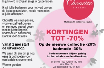 Totale uitverkoop vanaf 02 mei wegens pensioen. Mooie kortingen.